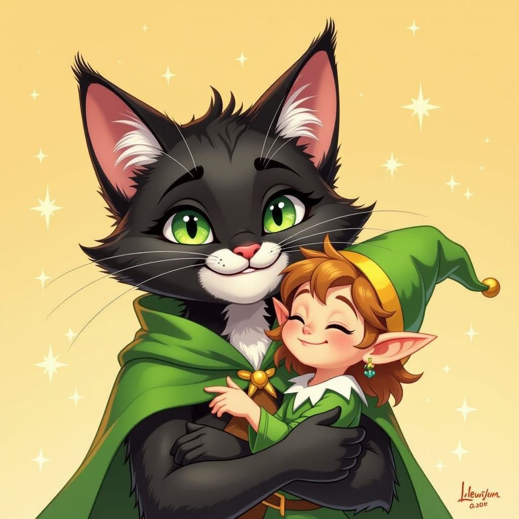 Mischievous Feline Cradles Whimsical Elf