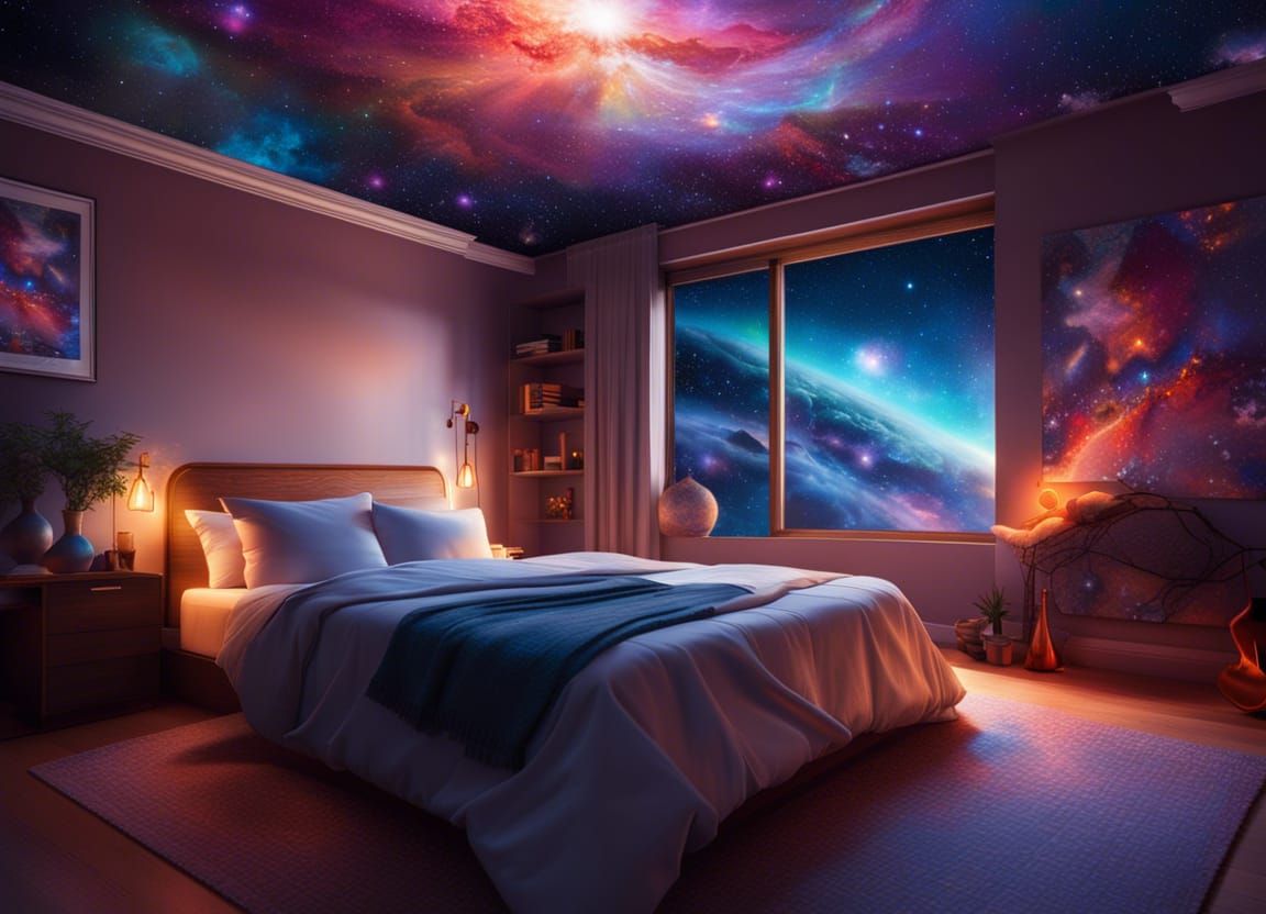 Warmly Lit Bedroom Overlooking the Galaxy