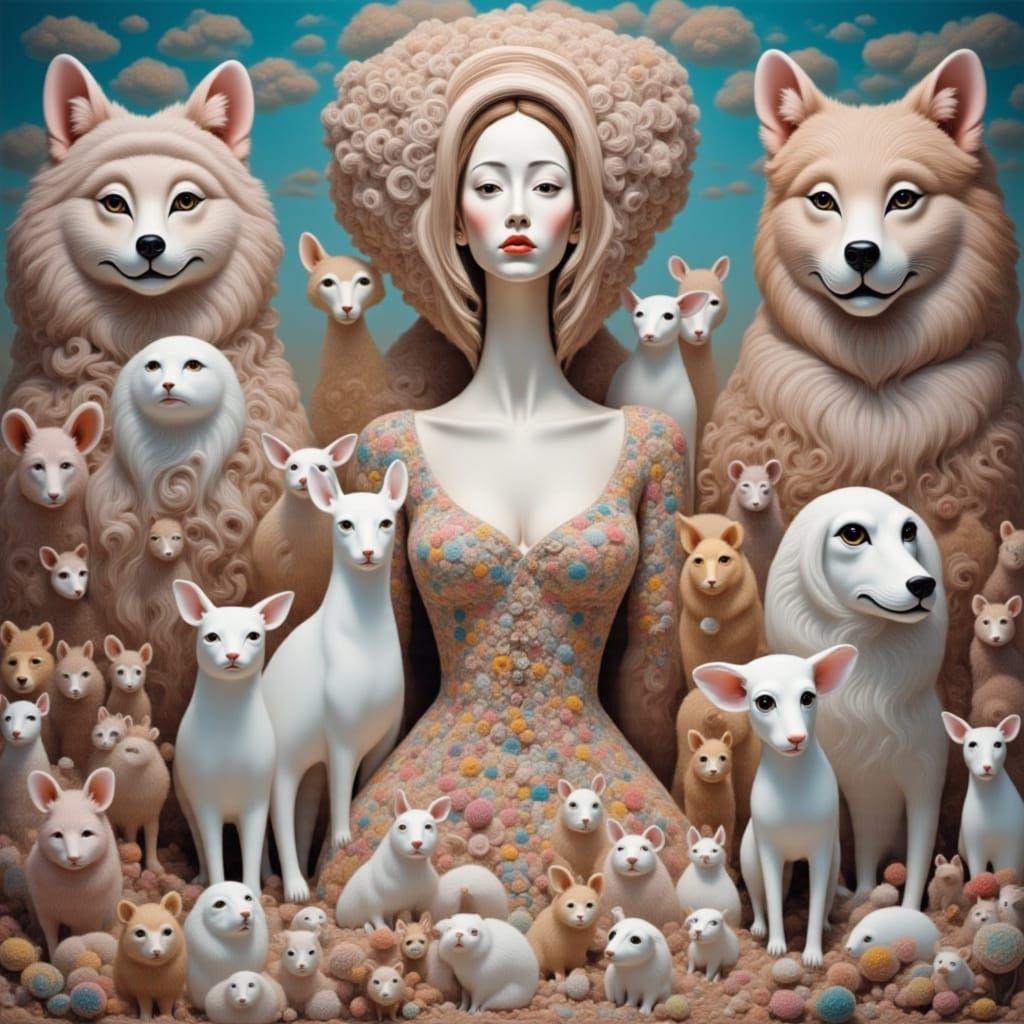 Woman with Porcelain Pets in Surreal Dream