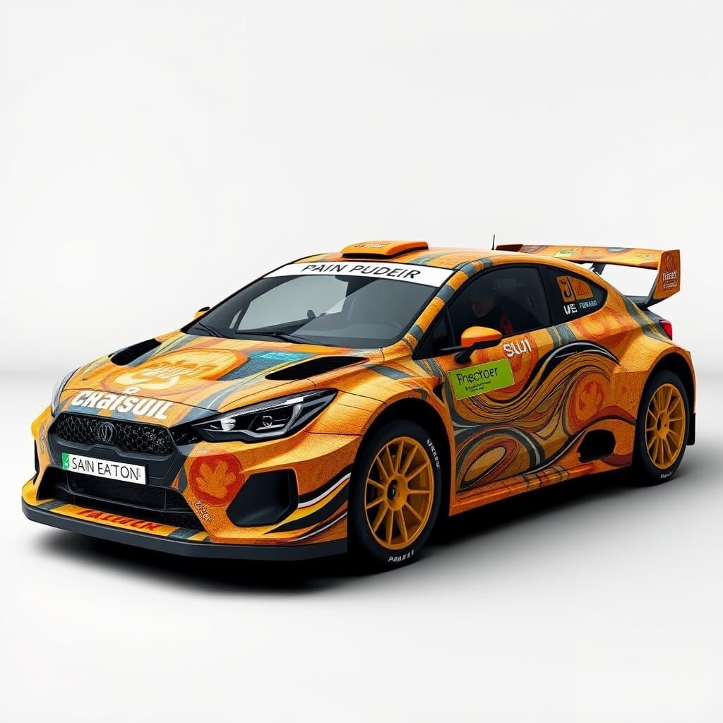 Rally car wrapped in "pain perdu" artwork