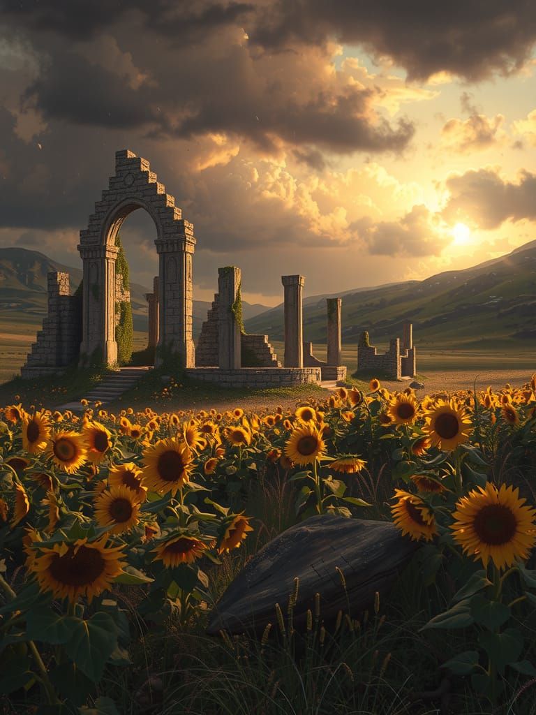 Sunflower Field Temple Ruins in Magic Card Style