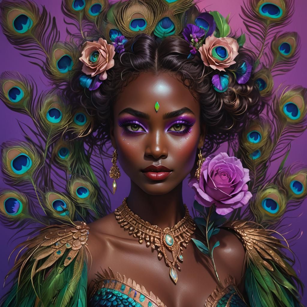 Woman with Rose Gold Skin and Peacock Feathers