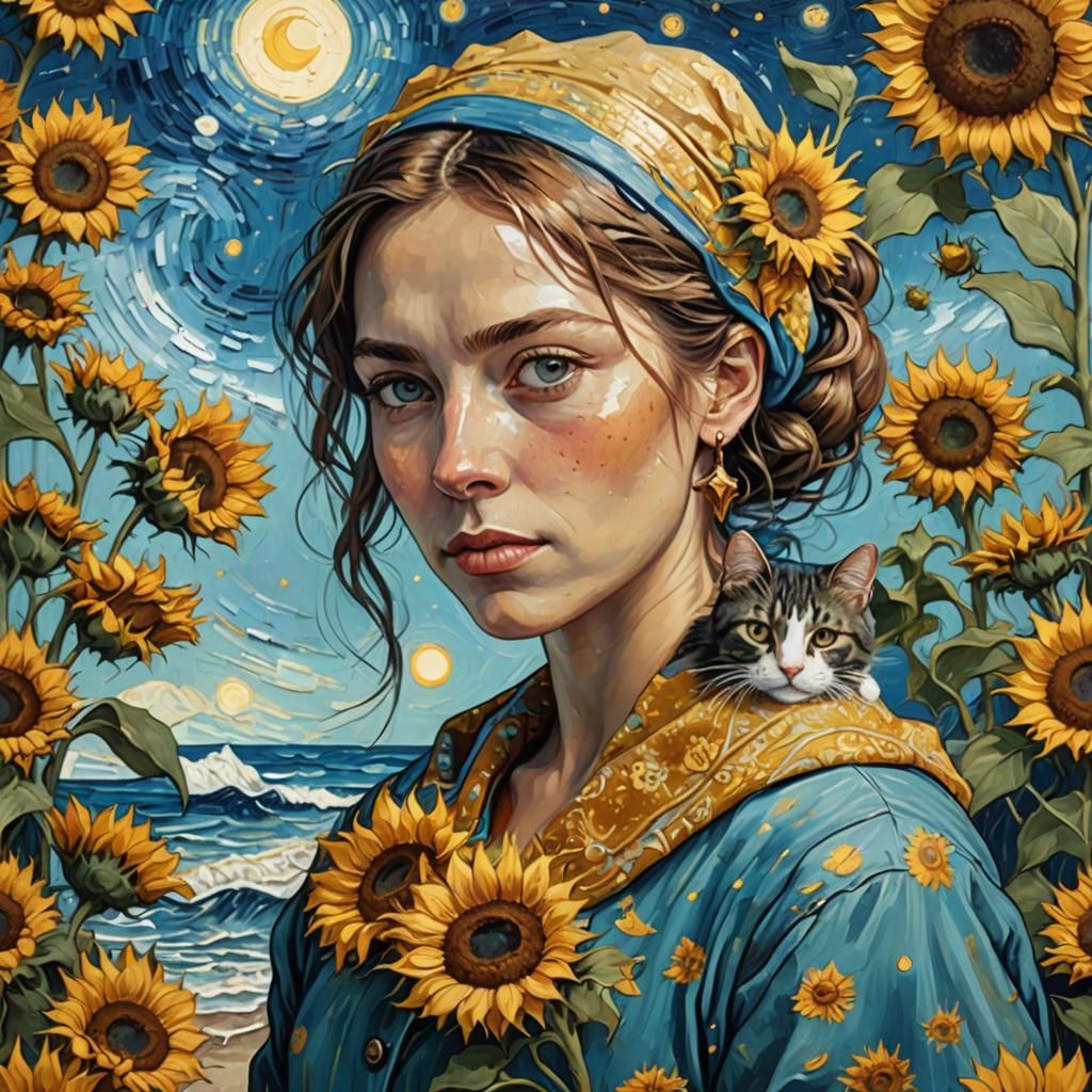 Woman with Cat in Van Gogh Style