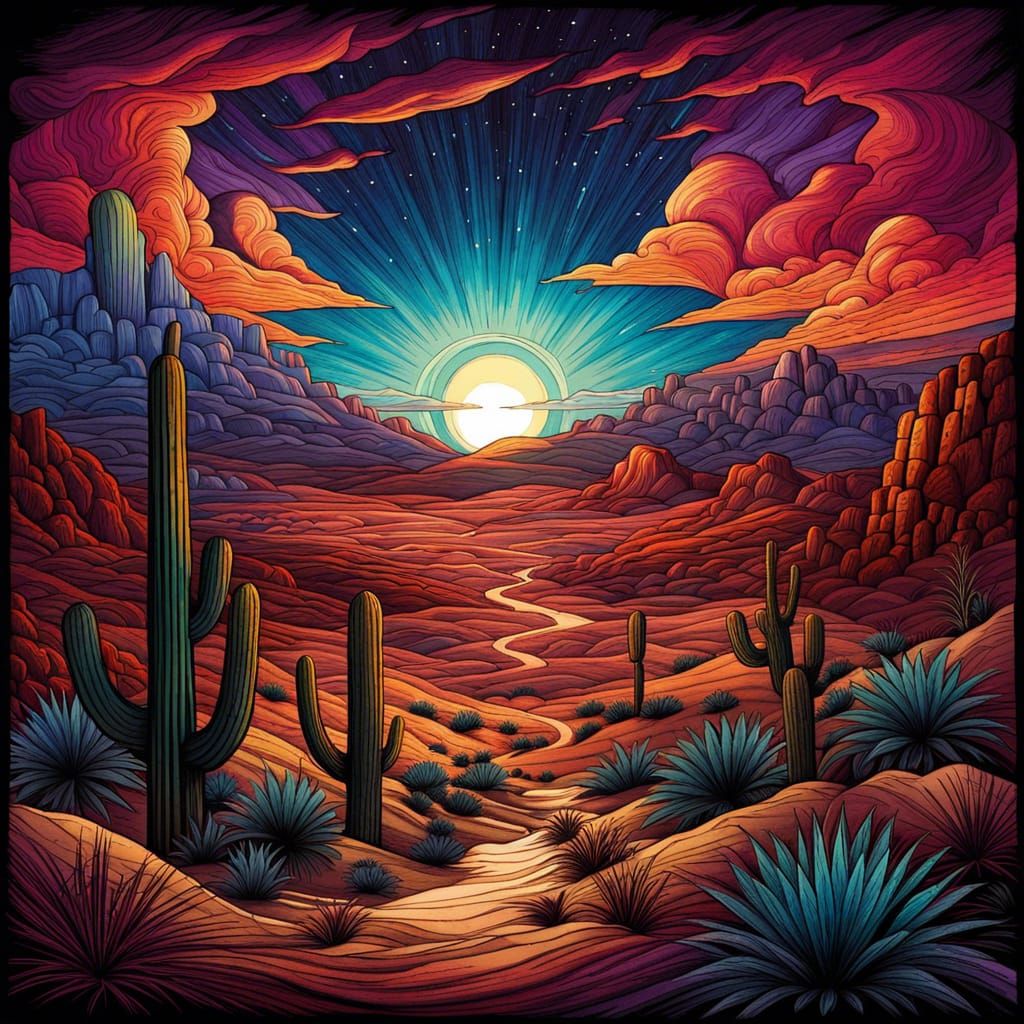 Intricate Desert Landscape in Ink and Watercolor