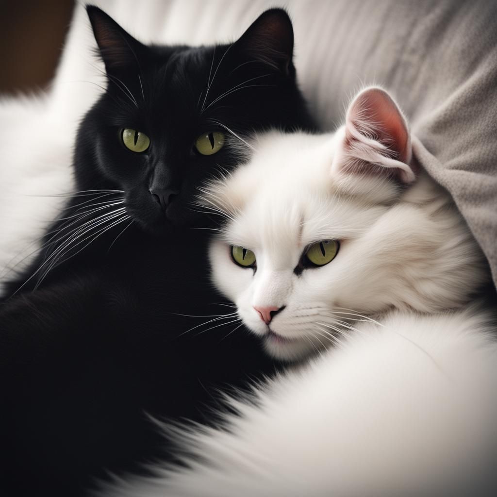 Black Cat and White Cat Cuddling
