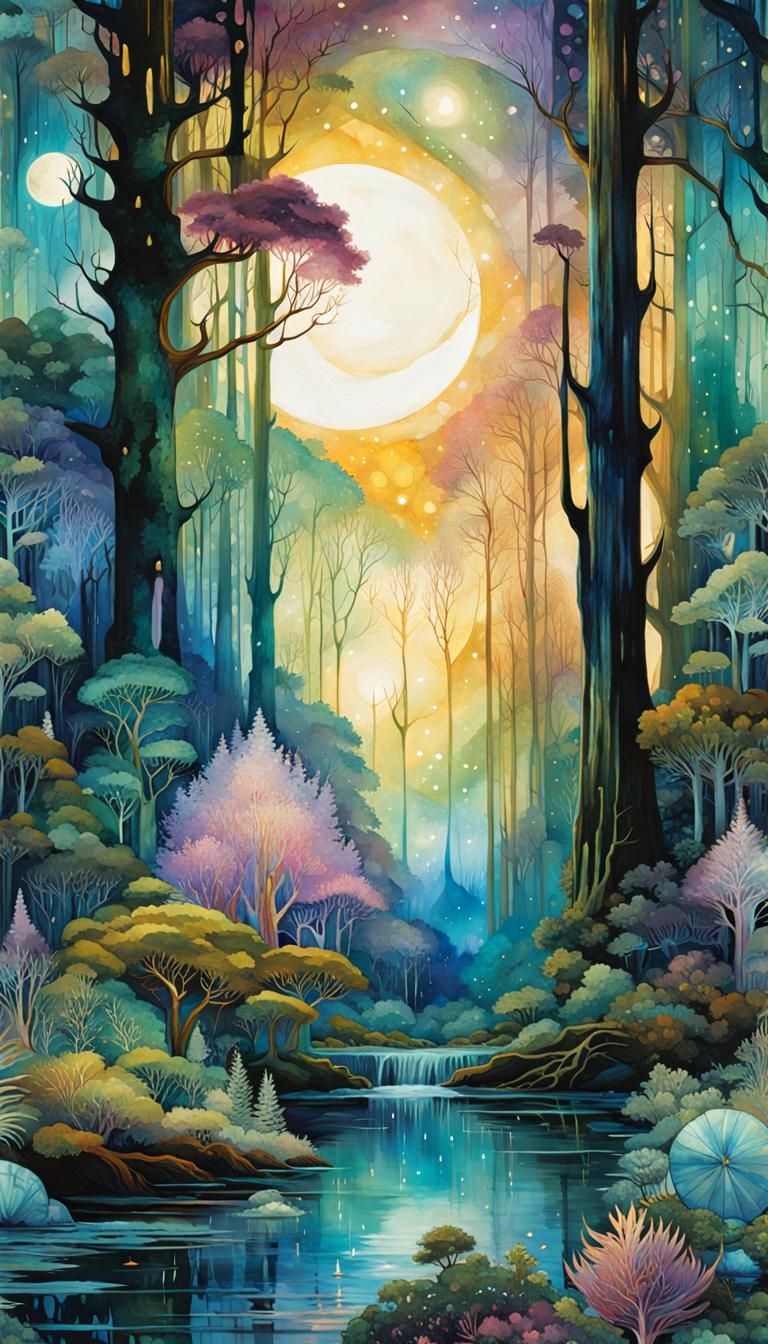 Bioluminescent Forest in Art Deco Style