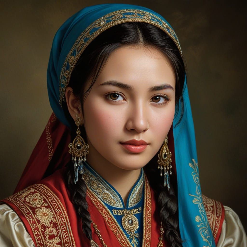 Kazakh Woman Portrait in Bouguereau Oil Painting Style