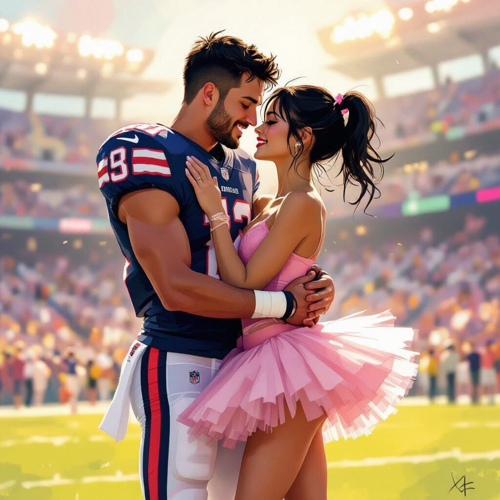 Football Player and Ballerina Embrace in Stadium Art