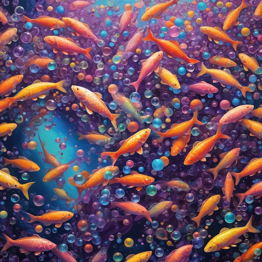 Surreal Multicolored Carp in Dreamlike Aquarium