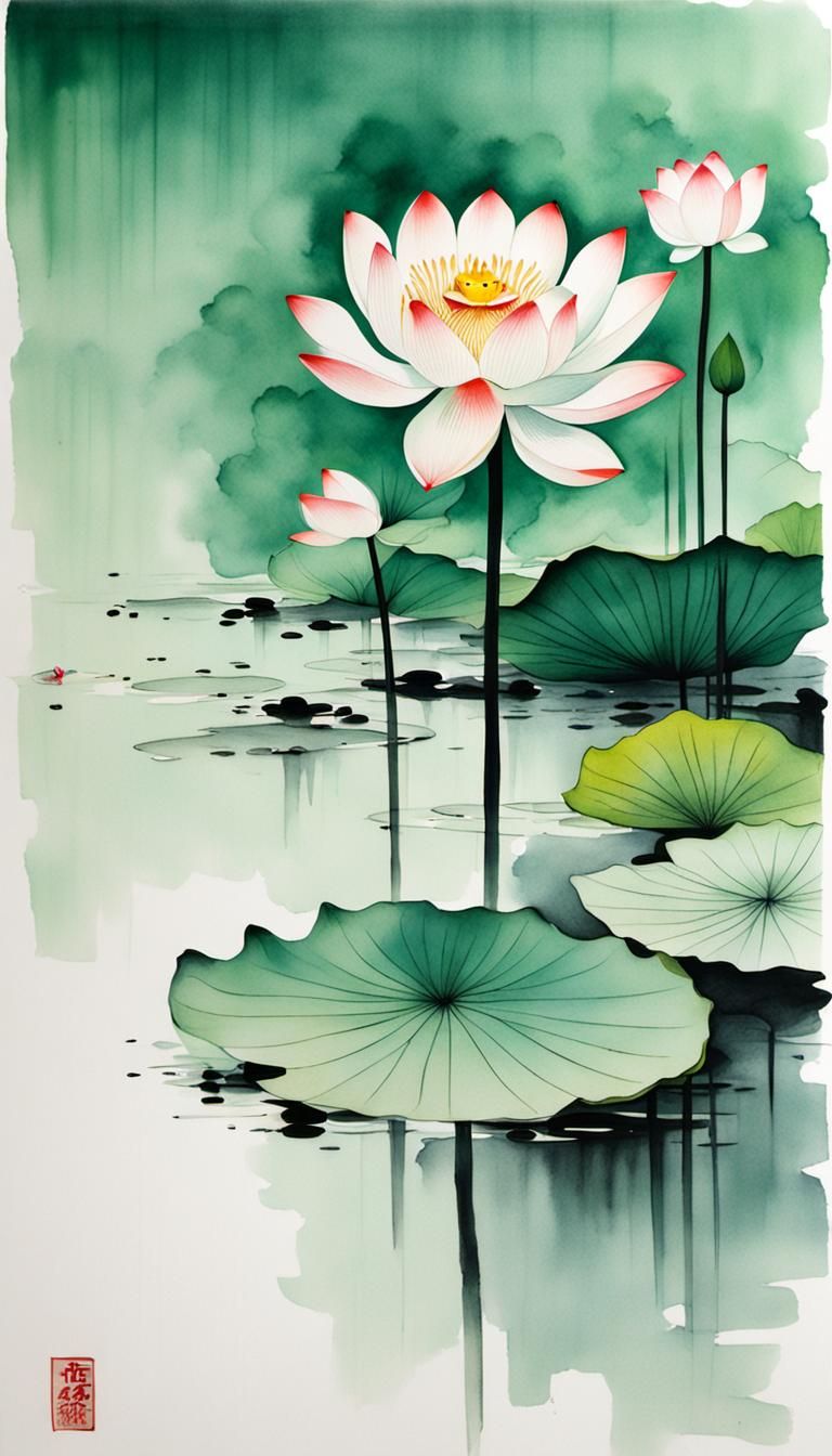 Minimalist Chinese Ink Lotus Flower Pond Scene