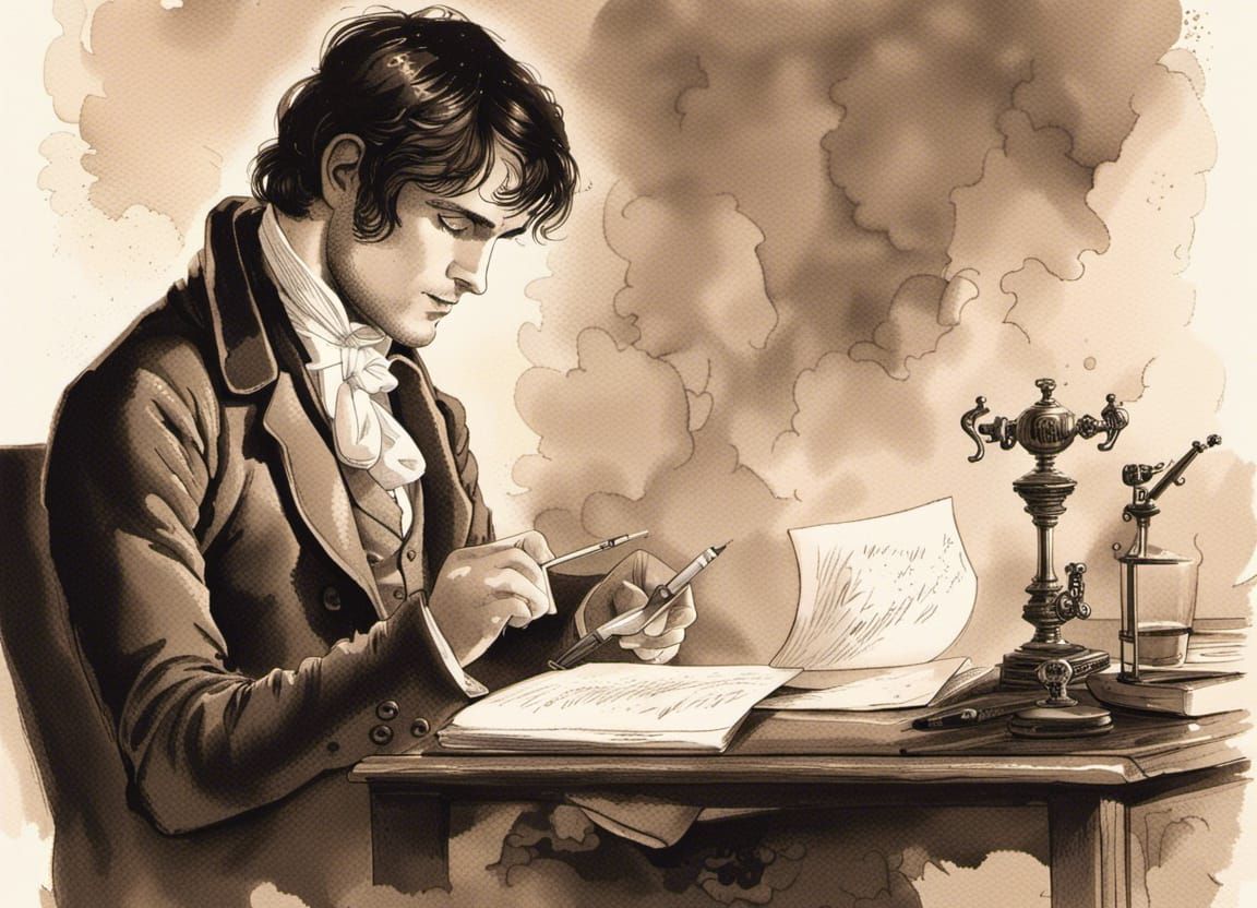Mr. Darcy Writing, Sepia Watercolor Painting