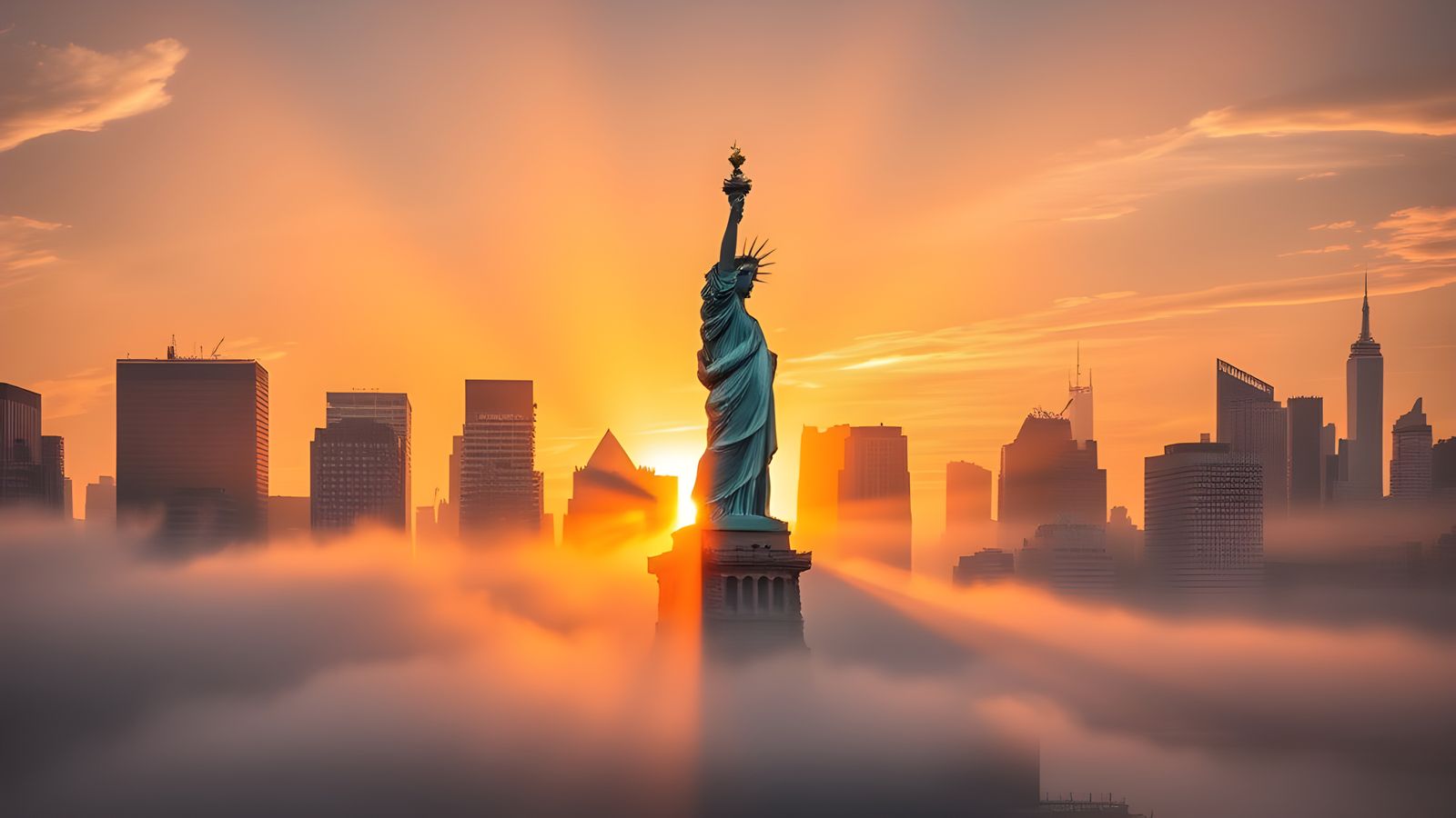 Manhattan Sunrise Over Morning Mist: Statue of Liberty