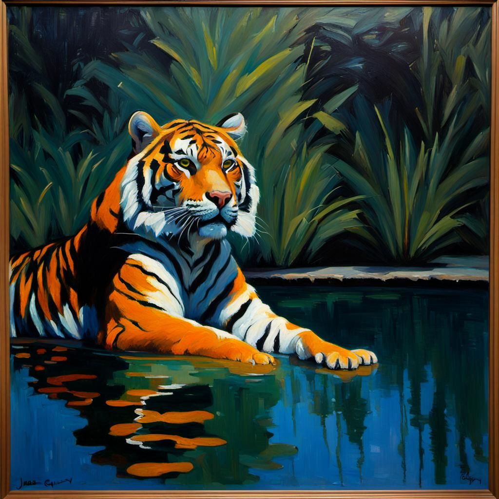 Tiger in Serene Pool: A Post-Expressionist Oil Painting