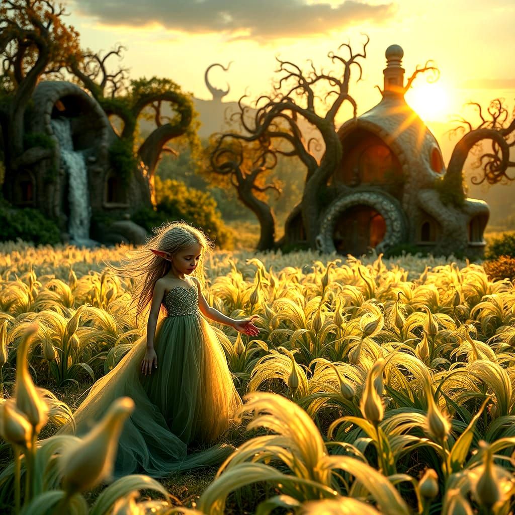 Elven Child and Troll Baby in Ethereal Landscape