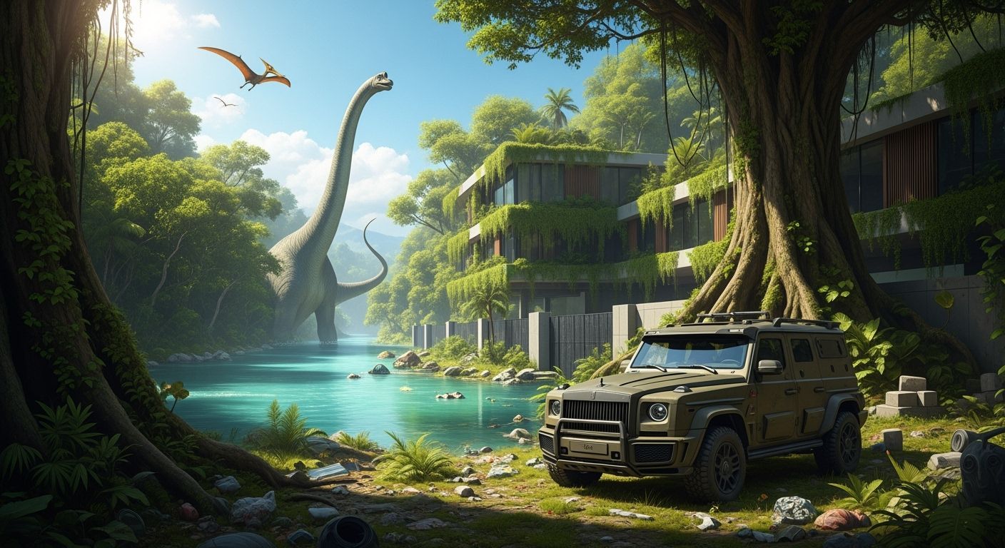 Dinosaur in Tropical River with Futuristic Ruins