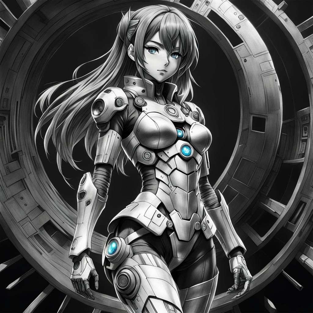 Hyperdetailed Sci-Fi Anime Girl Charcoal Drawing
