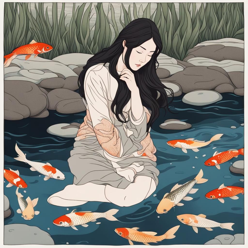 Woman Daydreaming by Stream with Jumping Koi