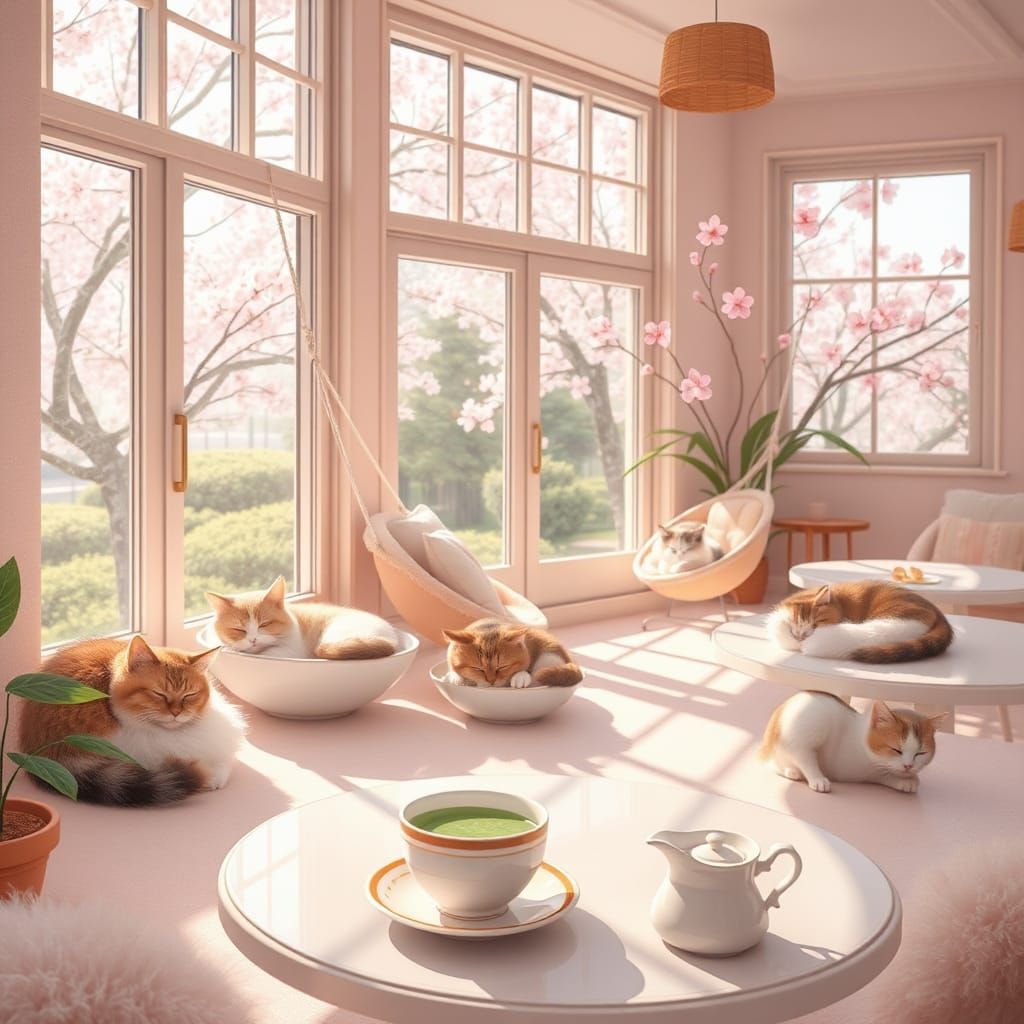 Surreal Whimsical Cat Café with Cherry Blossoms and Matcha