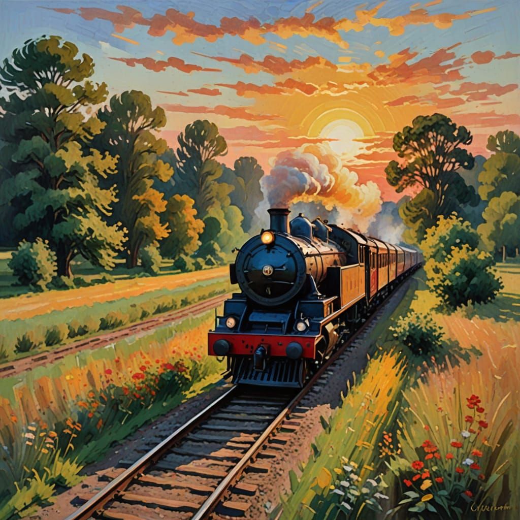 Impressionist Train Journey at Sunset in Gouache