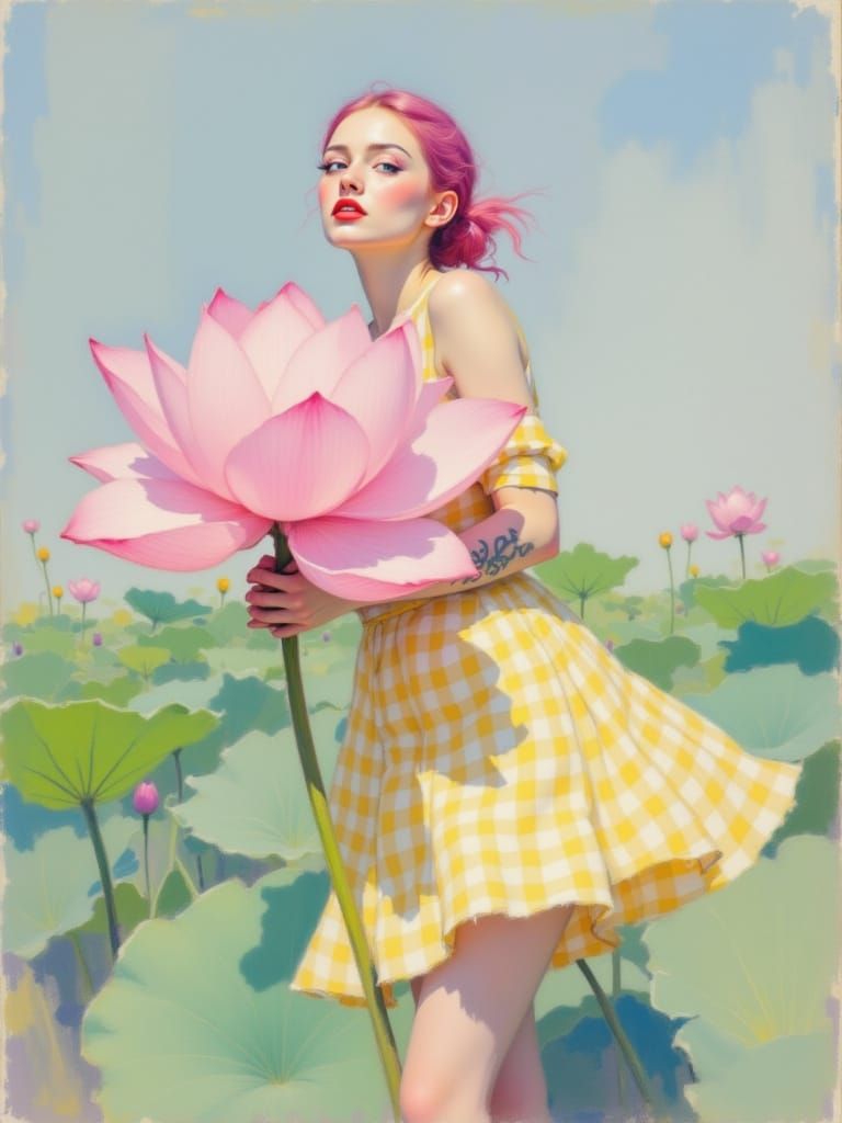 Elegant Woman in Soft Pastel Pose with Pink Lotus Flower