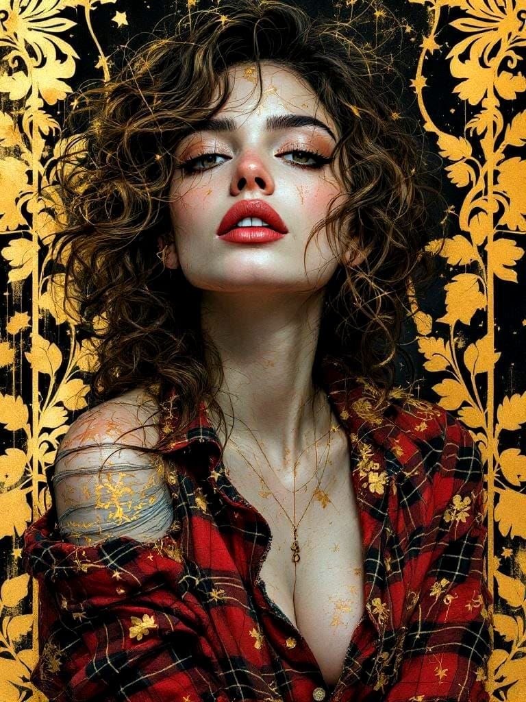 Woman's Portrait with Klimt Gold Leaf and Art Nouveau