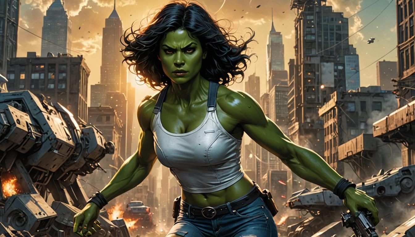 Morena Baccarin as Marvel's SheHulk,  the cuty is being attacked by aliens.