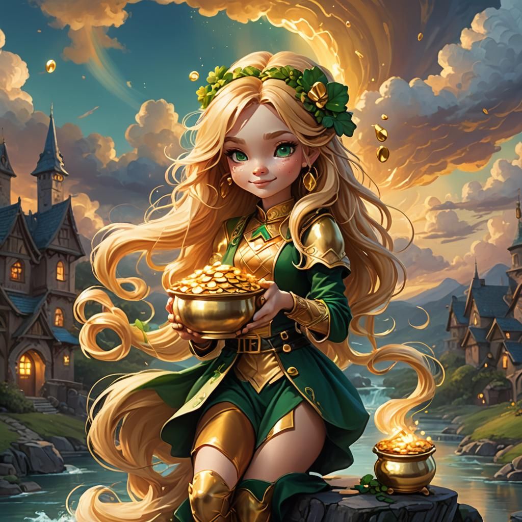 Cartoon Leprechaun Girl with Pot of Gold