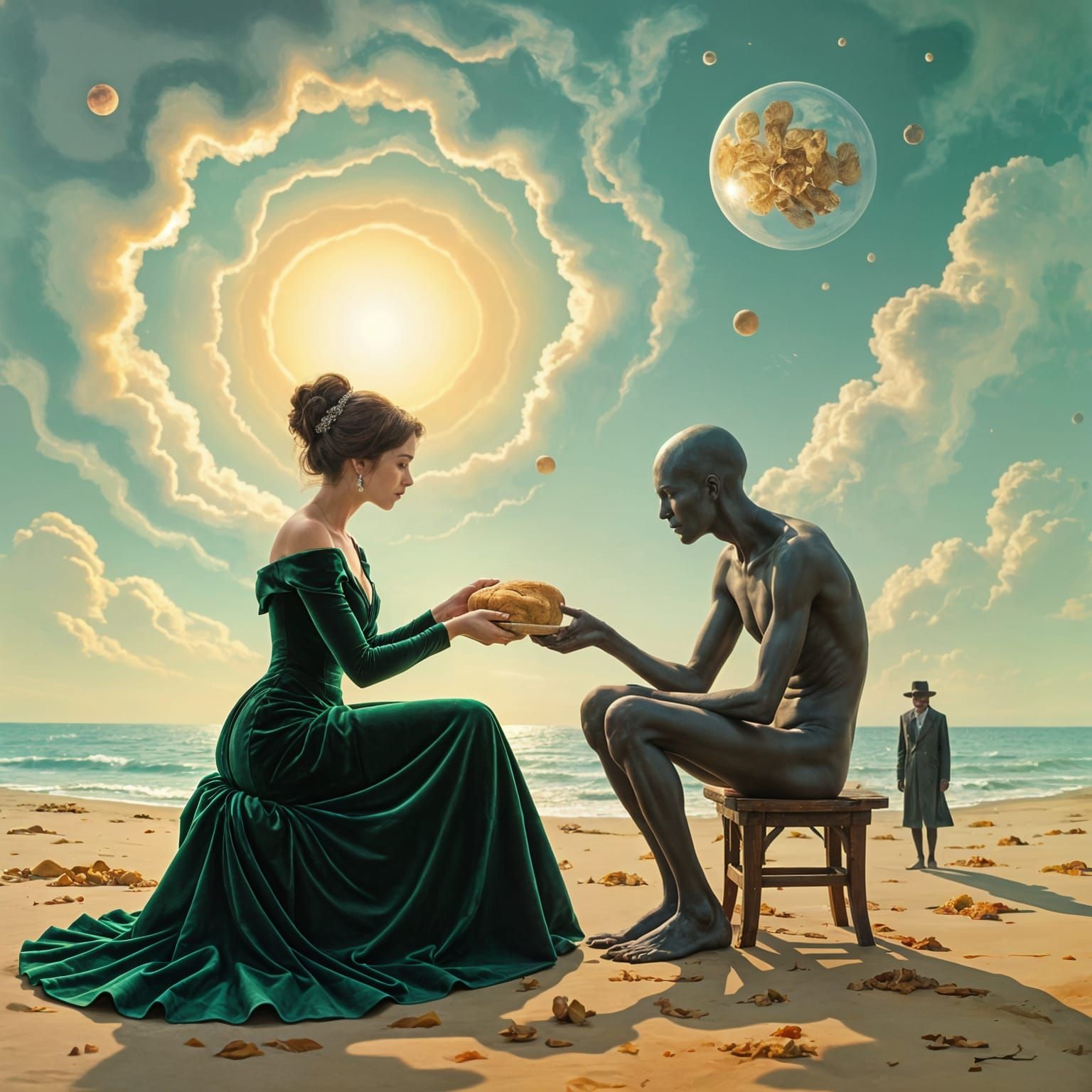 Elegant Woman Shares Bread in Dreamlike Melting Landscape