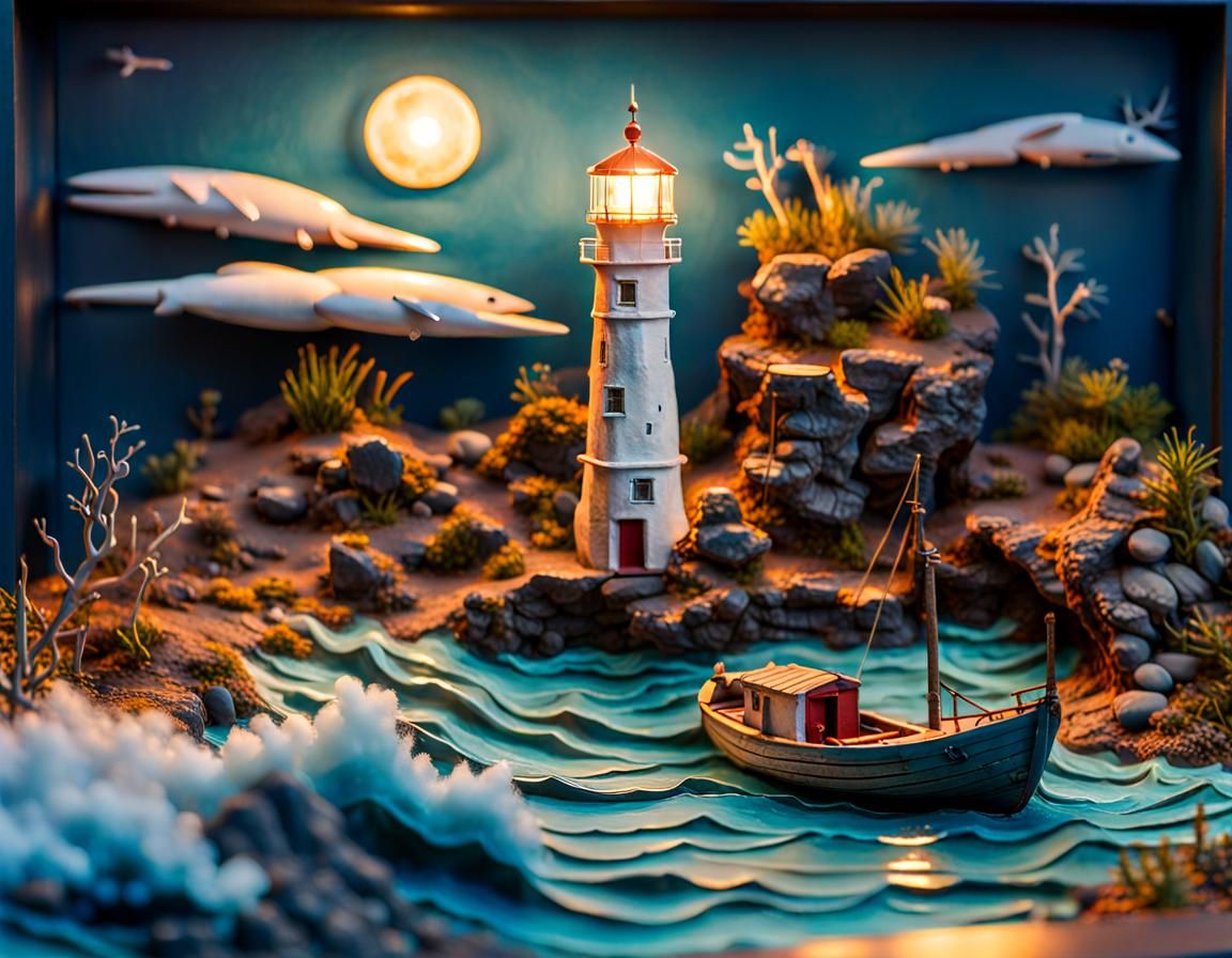 Seascape Diorama with Lighthouse in Mixed Media