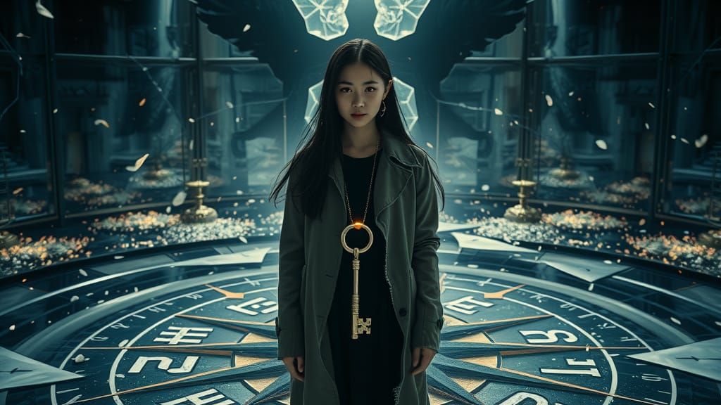 Japanese Woman in Shattered Chamber: Cinematic Portrait