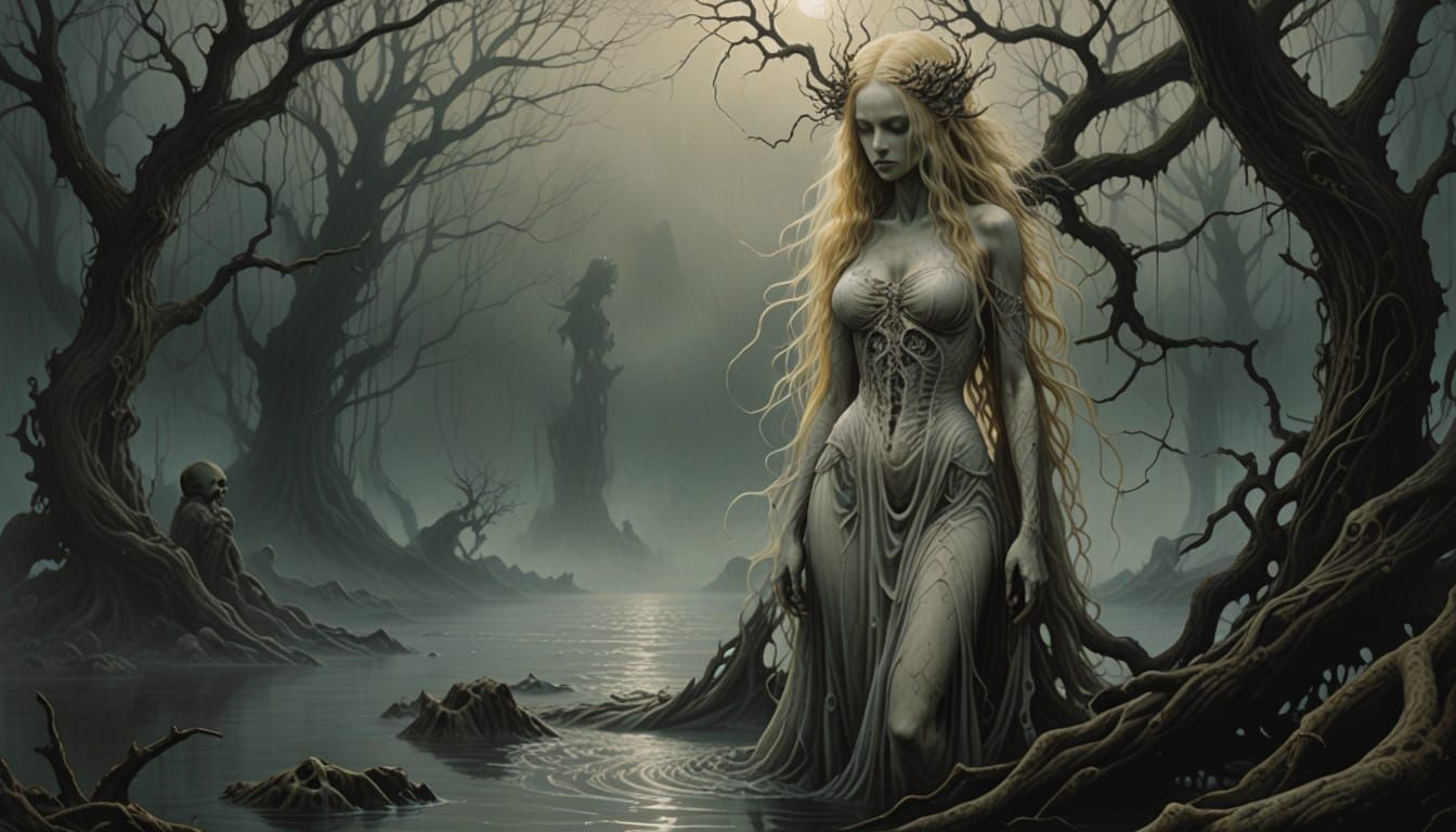 Gothic Woman Emerges from Dark Lake