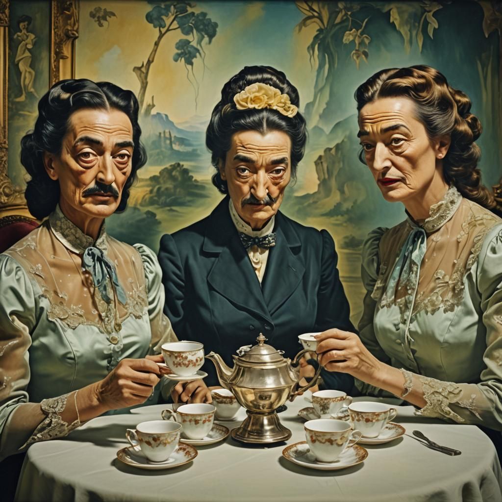 A double exposure optical illusion creating the face of Salvador Dali comprised three Victorian ladies having tea. Vinta...