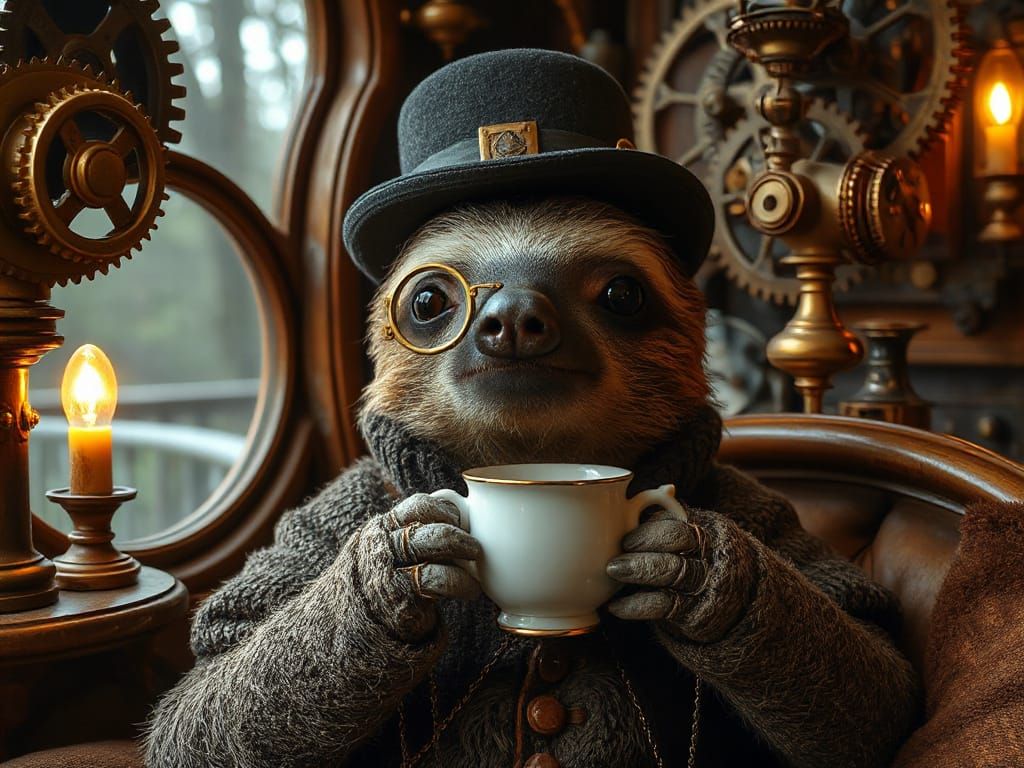 Steampunk Sloth Enjoys Tea in Victorian Treehouse