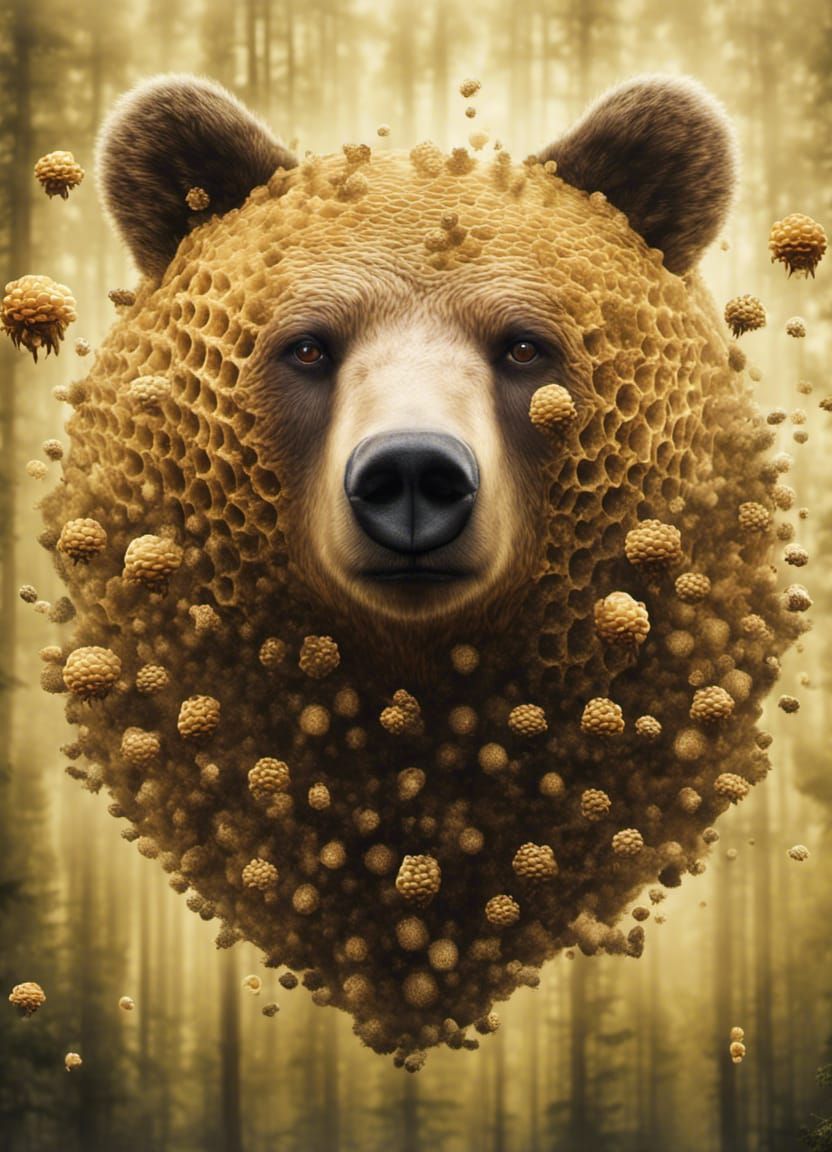 Surreal Bear Face with Honeycomb in Double Exposure