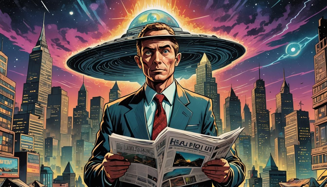 Retro-Futuristic Comic Book Executive in Dystopian City