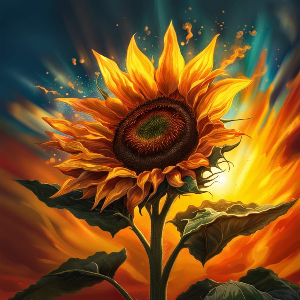 Fiery Sunflower: Hyperrealistic Splash Art