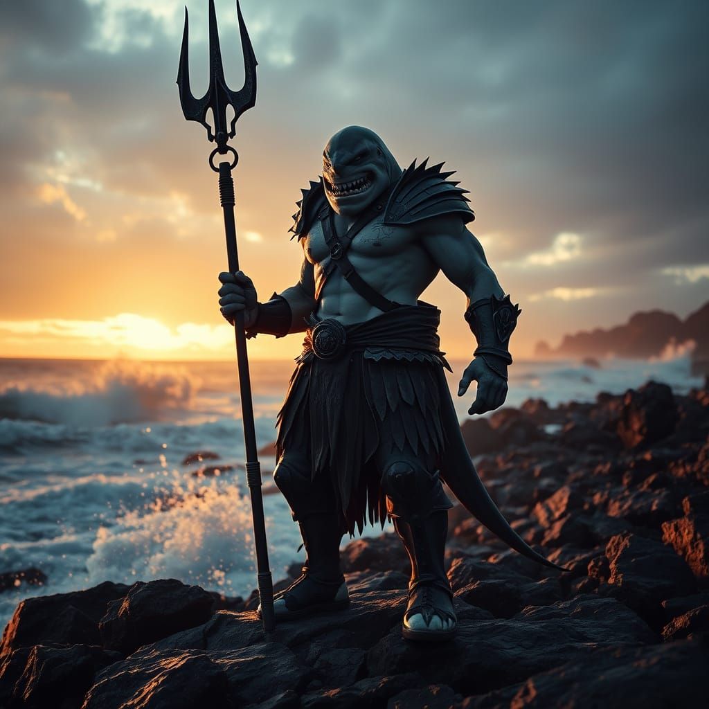Epic Warrior Half Shark Hero Illuminated by Sunset