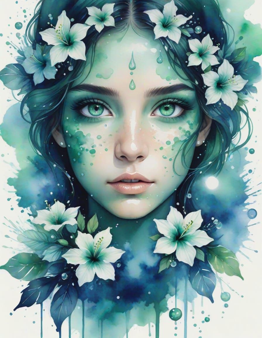Emerald Eyes in Green Bubbles: Watercolor Splash Art