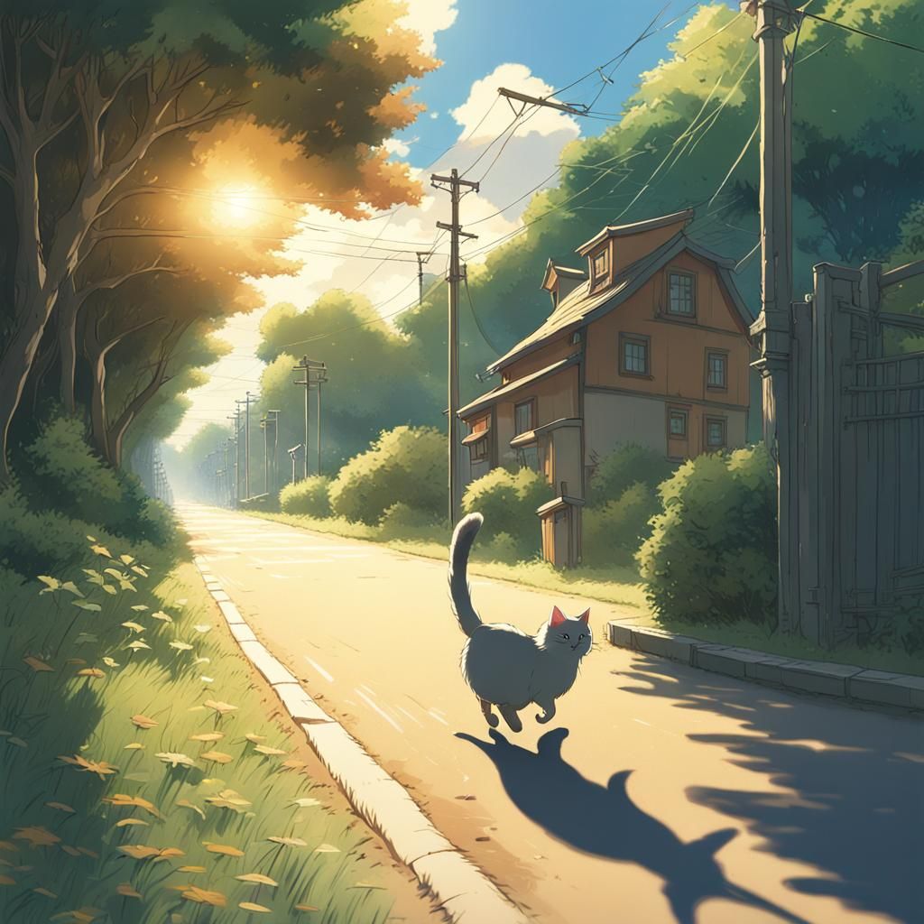 Cat and Bird Chase in Anime Style