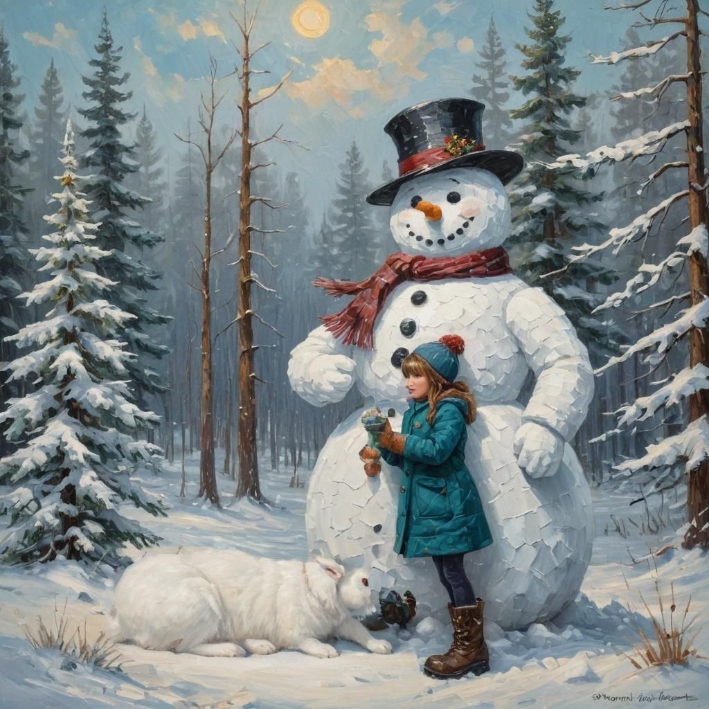 Girl Building Snowman: Impasto Oil Painting
