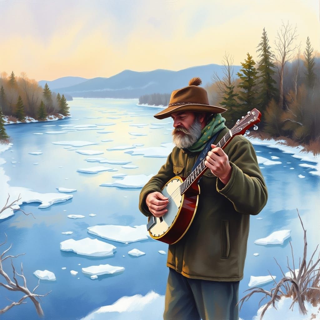 Banjo Player on Icy Riverbank in Watercolor Style