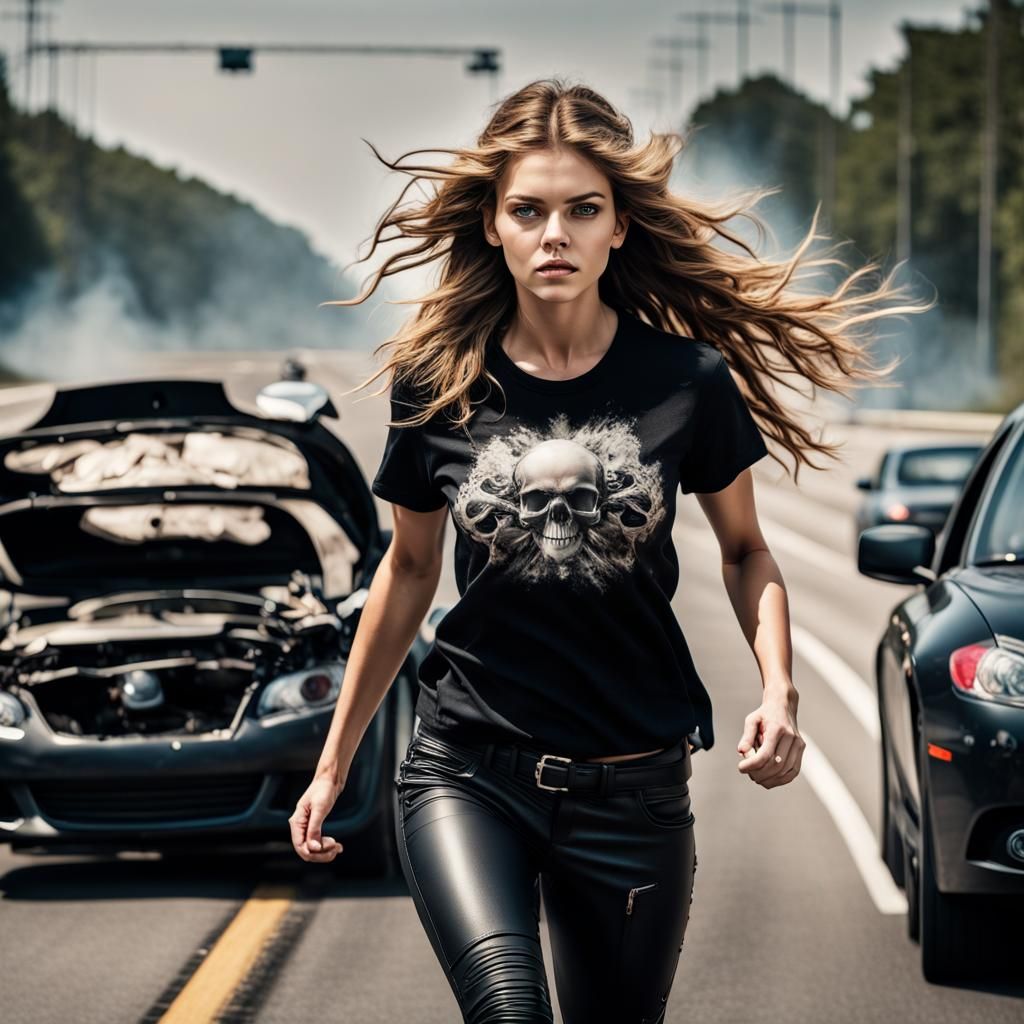 Woman Runs from Highway Explosion in Hyperrealistic Style