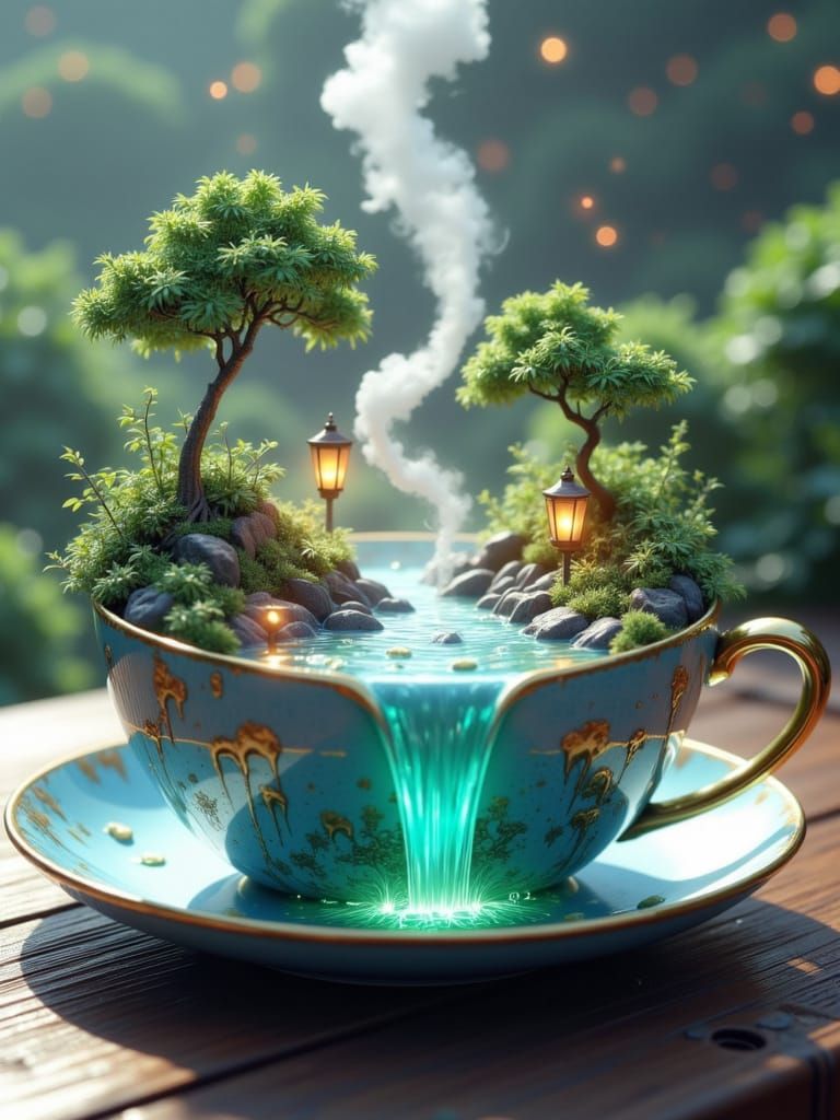 Fantasy World Inside Glowing Teacup with Waterfalls