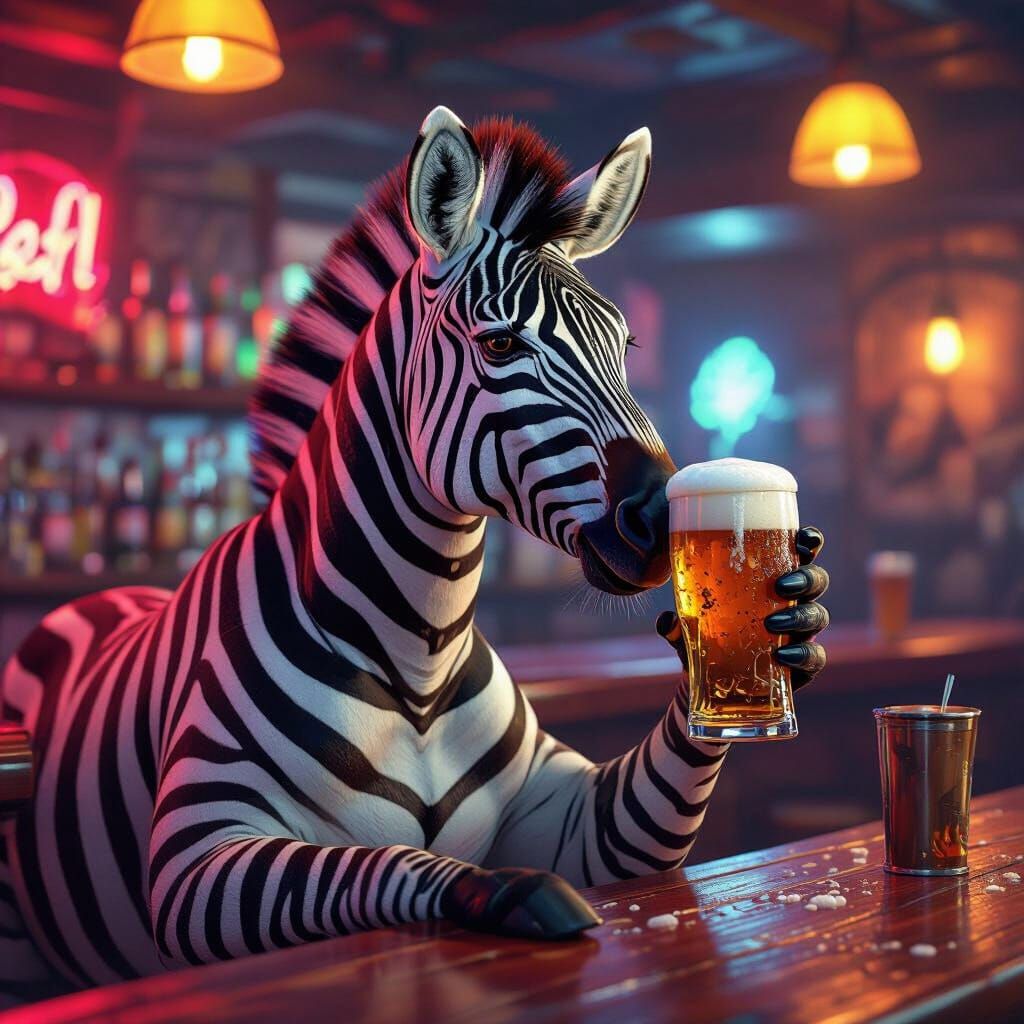 Zebra with Dalmatian Spots Drinks Beer in Bar