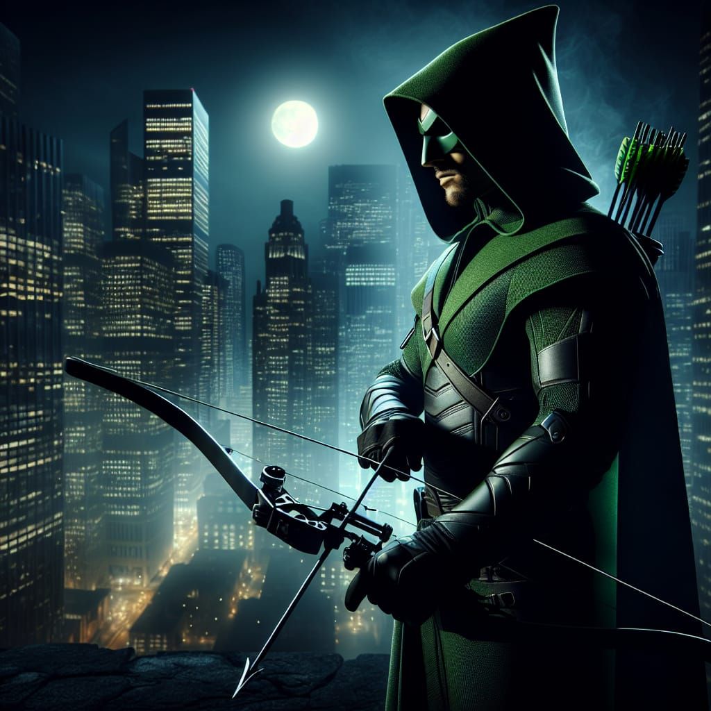 Green Vigilante Prepares His Bow in the Shadows