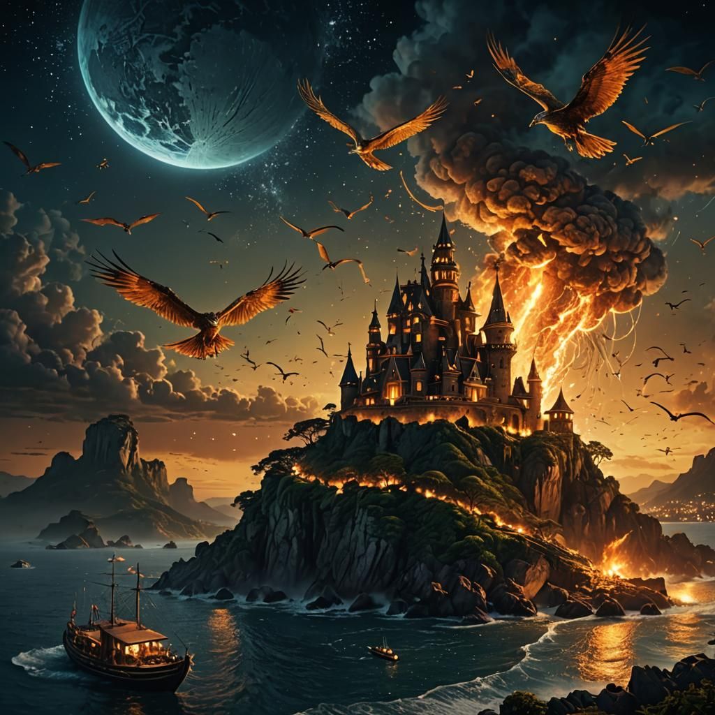 Fênix dourada voando sobre a ilha de Atlântida à noite