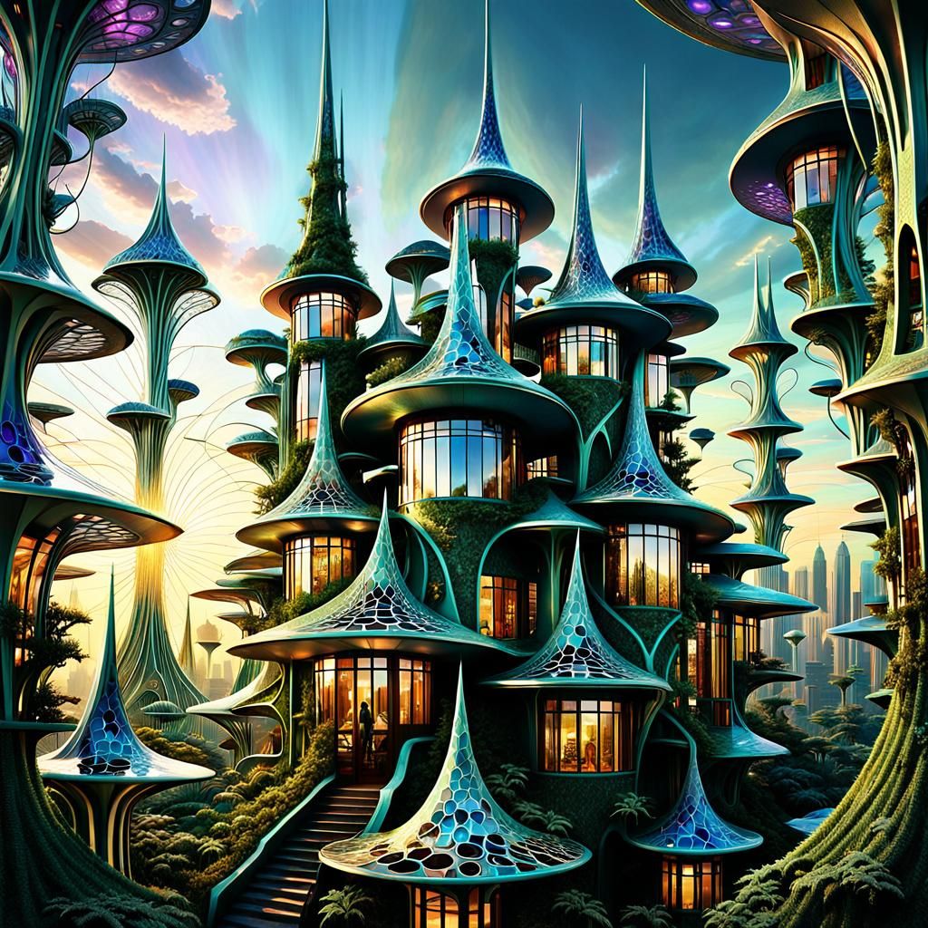 Futuristic Garden City with Pointy Hats in Gouache Style