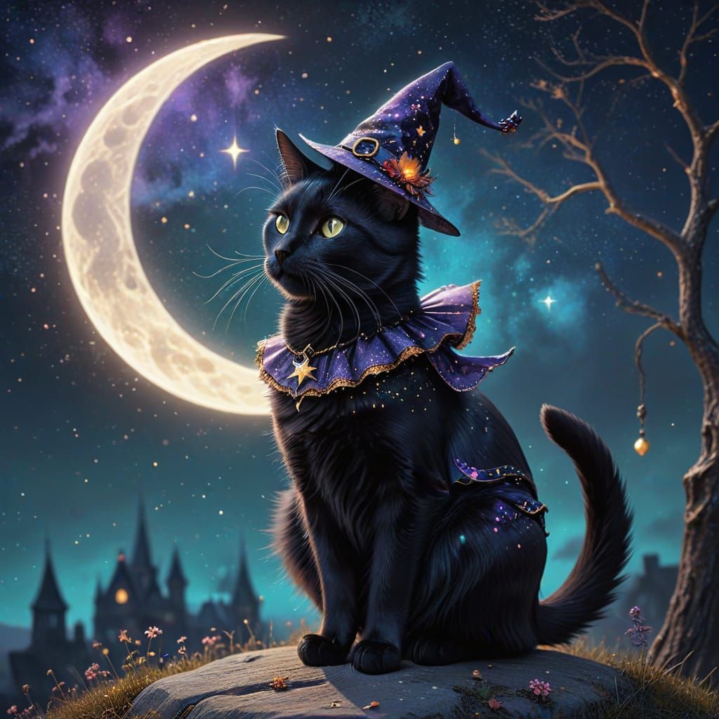 Black Cat Dressed as Witch Under Enchanting Moonlit Sky