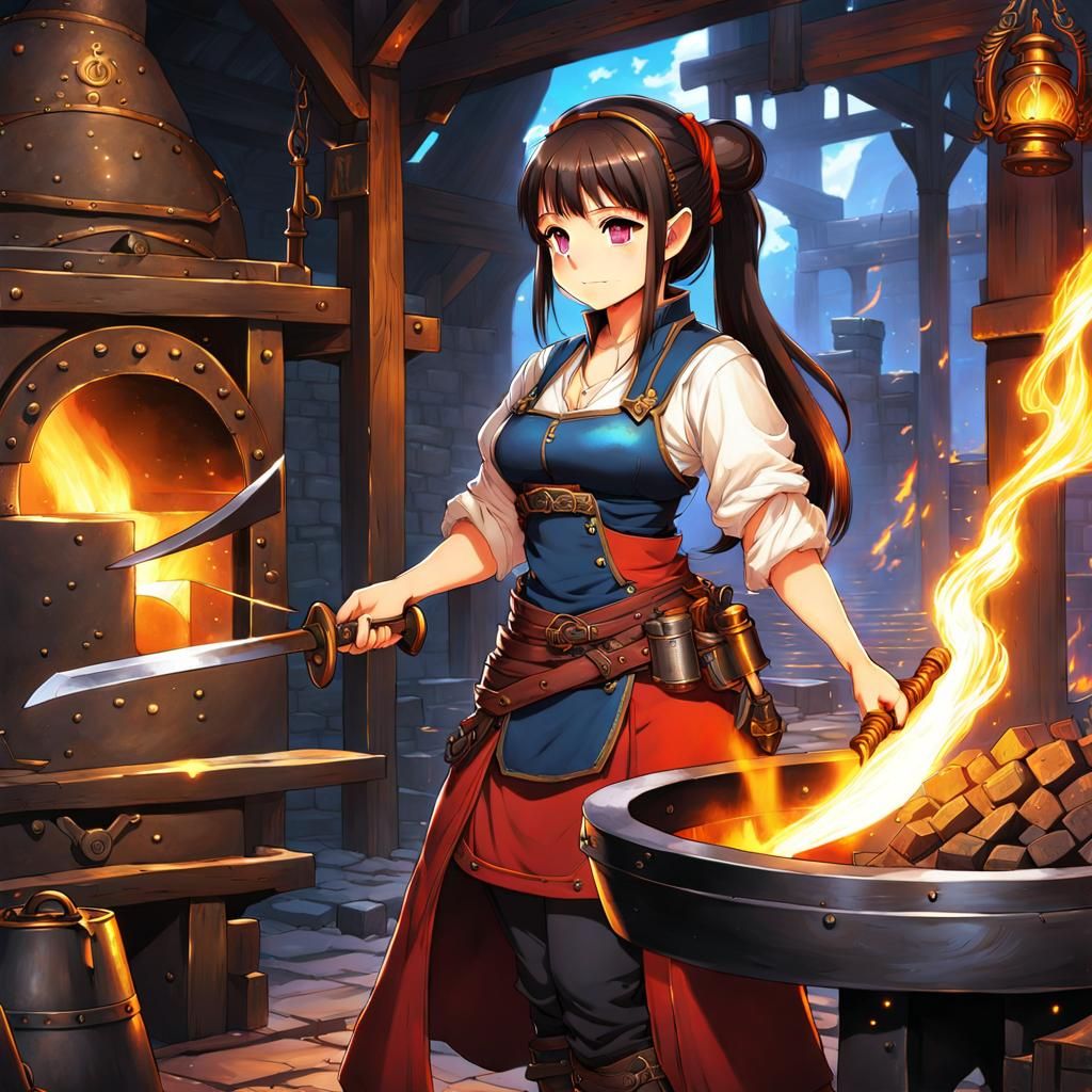 Stunning Female Dwarf Blacksmith in Anime Style