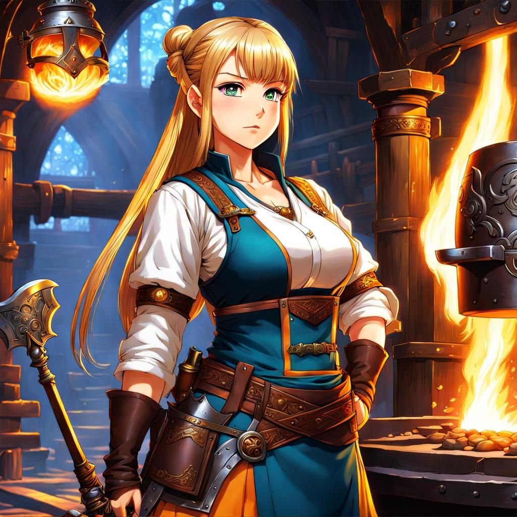 Anime Female Dwarf Blacksmith in Fantasy Forge